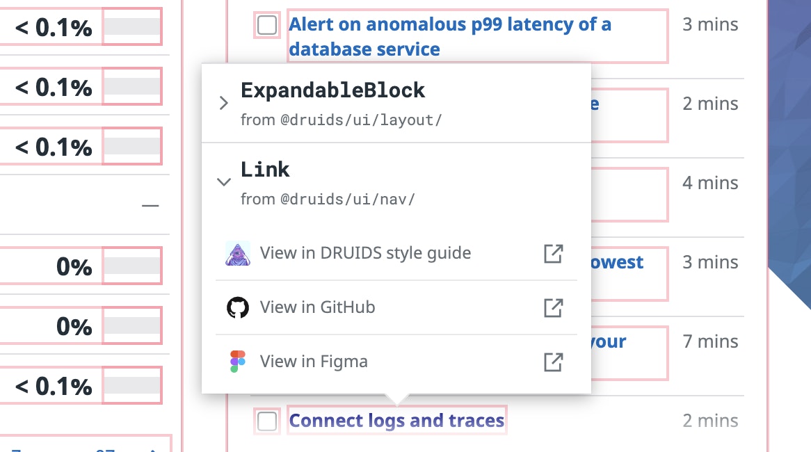 A visual of how Datadog employees can see which DRUIDS component is being used anywhere in the app. A visual of how Datadog employees can see which DRUIDS component is being used anywhere in the app.